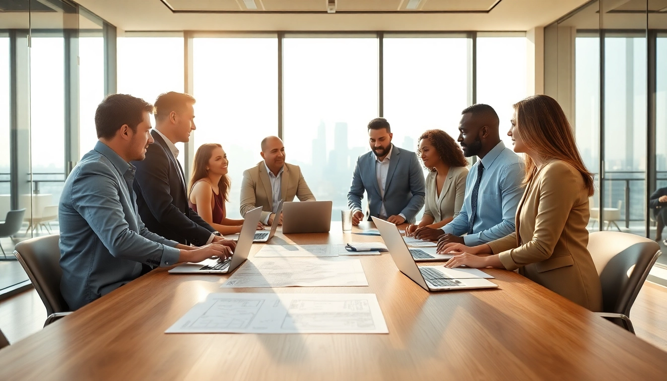 Team-oriented real estate investment group collaborating in a modern office, fostering strategic partnerships.