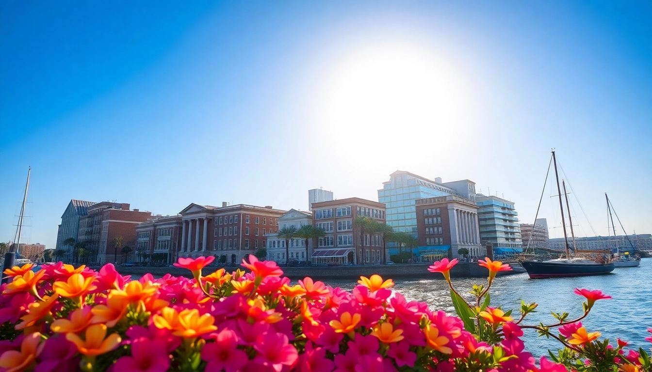 Relaxing panoramic view of Charleston SC. showcasing its unique architecture and vibrant colors.