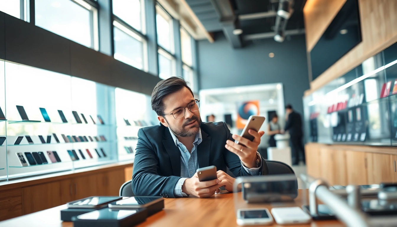 Engaging cash phone buyer reviewing smartphones during a trade-in negotiation.
