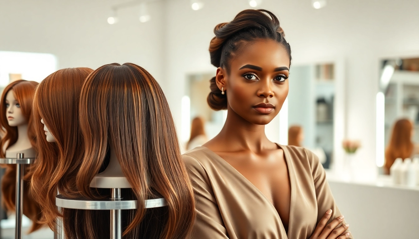Showcasing an elegant model wearing human hair wigs in a vibrant salon.