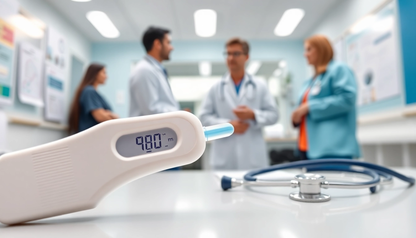Thermometer displaying high temp in a bright healthcare setting for fever assessment.