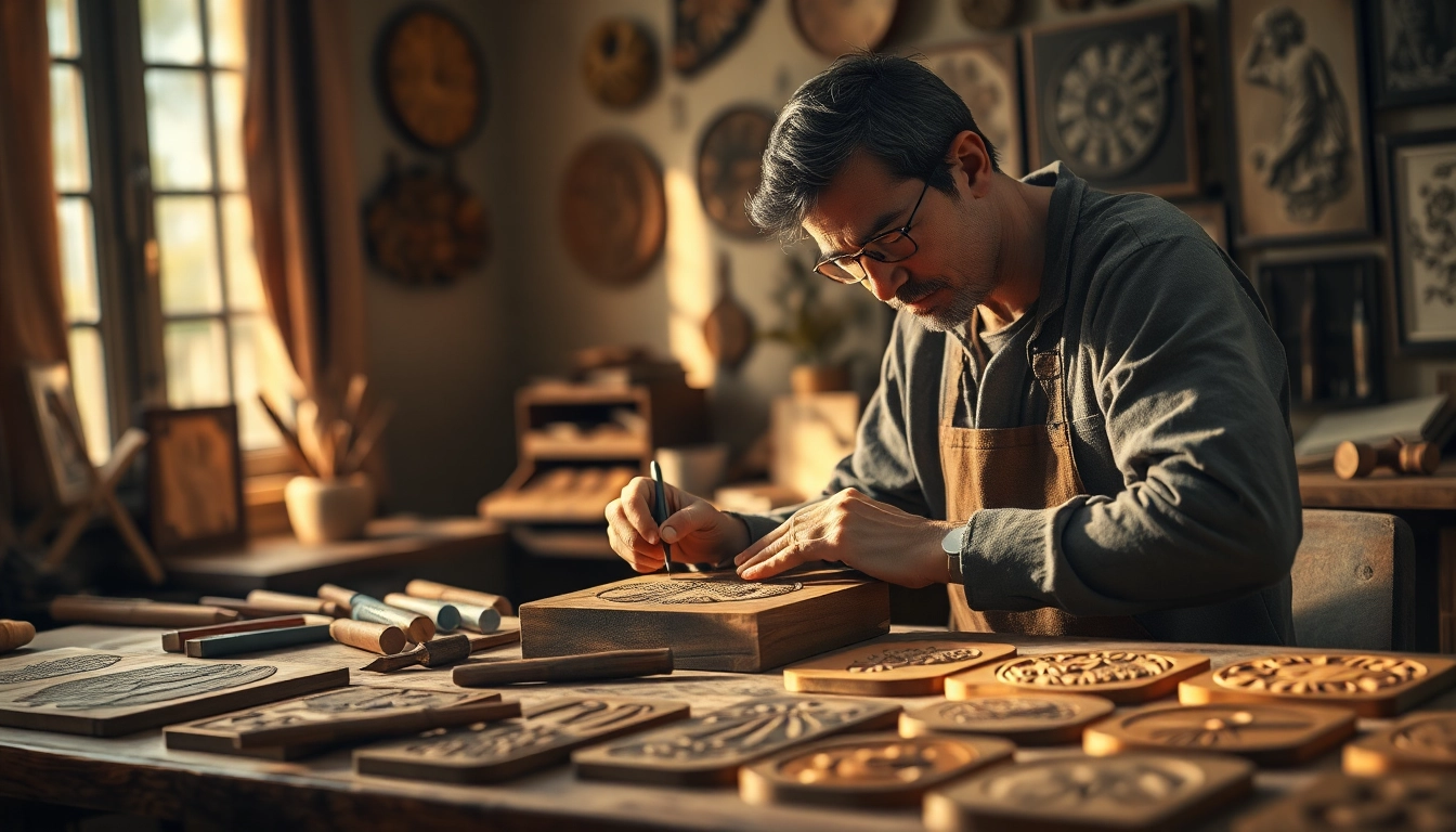 Engravings being meticulously created by an artisan in a warm, softly lit studio.