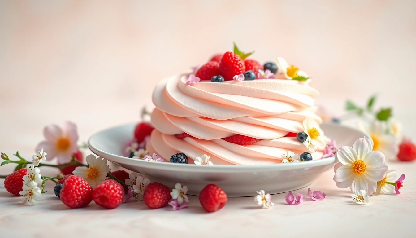 Maak een mousseline dessert met delicate decoraties van eetbare bloemen en bessen.