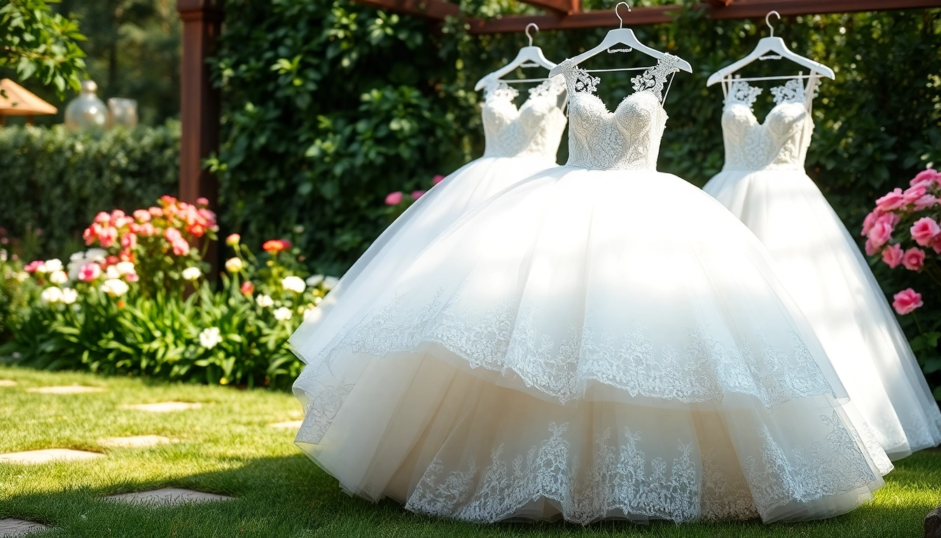 Beautiful ball gown wedding dresses showcased in a stunning garden setting with elegant lace details.