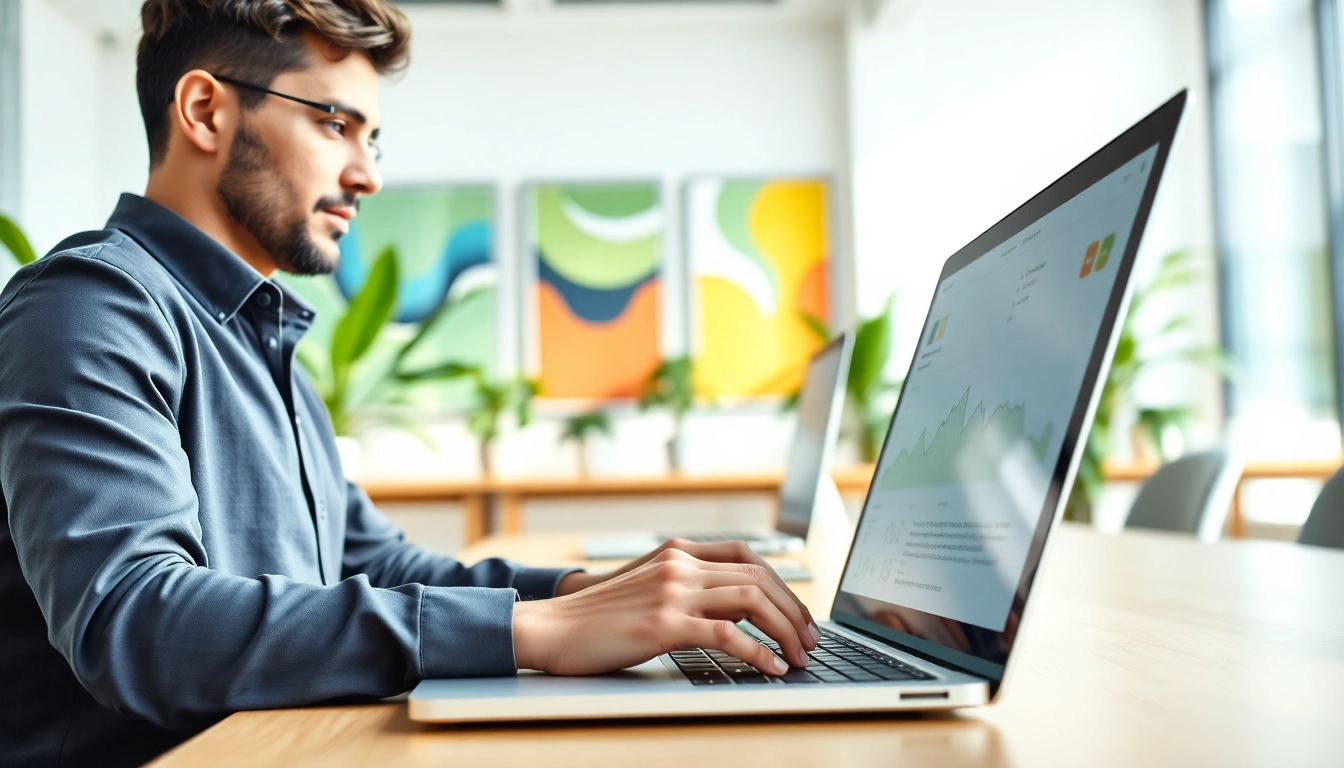 Engaging casino affiliate marketer analyzing performance data in a modern office setup.