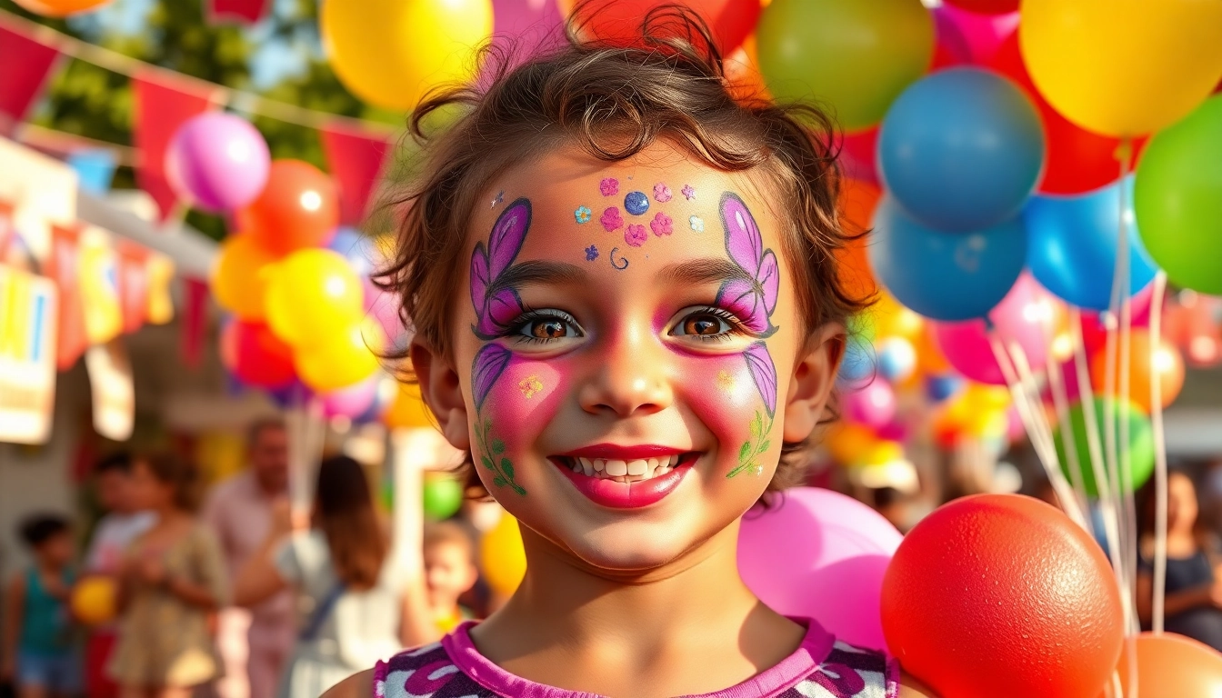 Child enjoying vibrant facepainting with cheerful designs at a festive outdoor event.