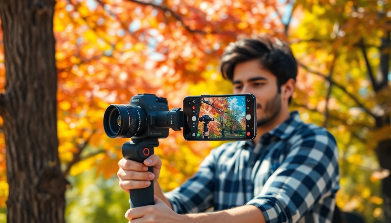 Engaging scene of a photographer using a gimbal for iPhone to capture stunning video footage outdoors.