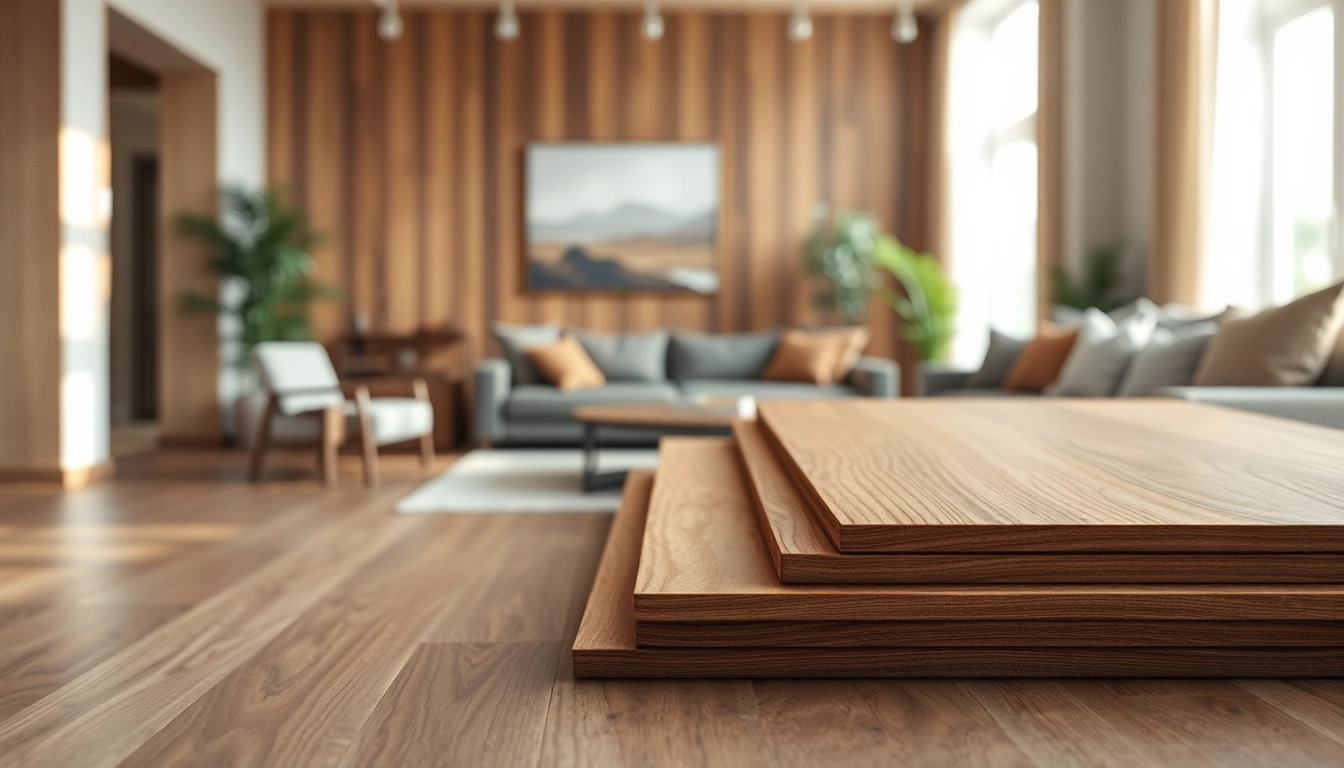 Showcasing wood paneling sheets in a stylish living room with natural lighting and elegant decor.
