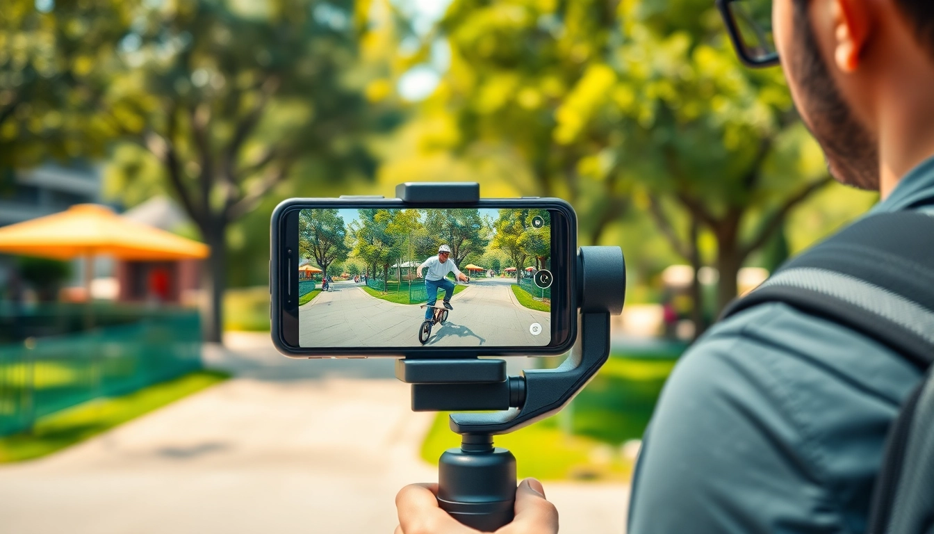 Filming a dynamic action scene with a gimbal for iPhone capturing smooth motion in a vibrant park setting.