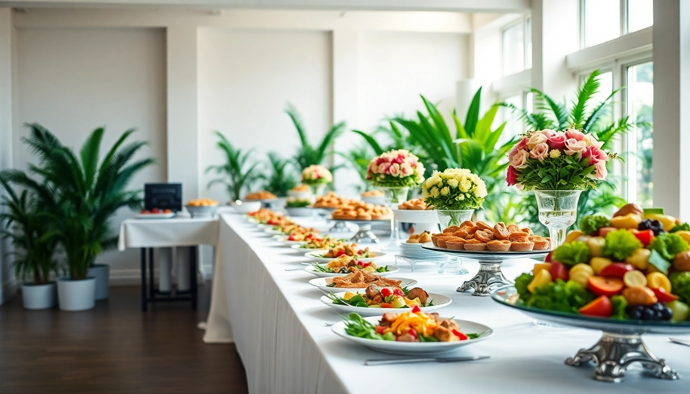 Buffet catering Hamilton Ontario featuring an elegant display of gourmet dishes and vibrant salads.