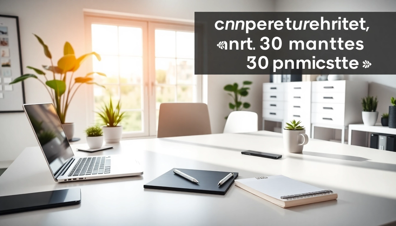 Efficient workspace focused on setup in under 30 minutes with modern tools and bright lighting.