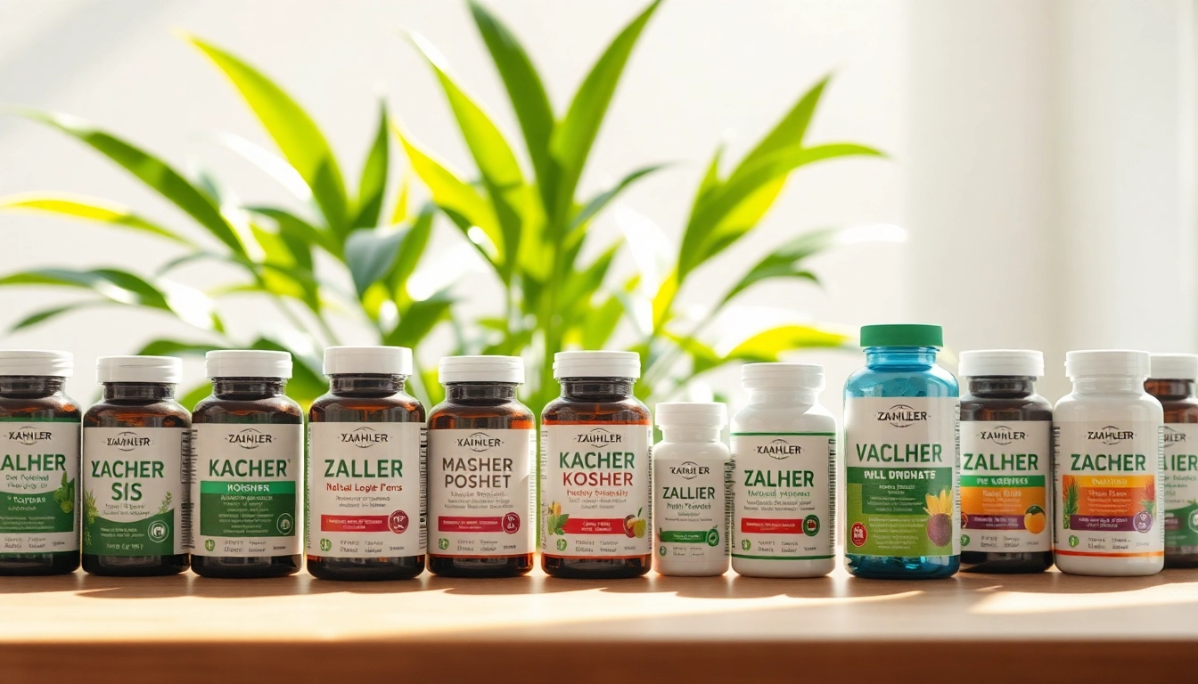 Zahler kosher supplements displayed on a wooden table surrounded by greenery and natural light.