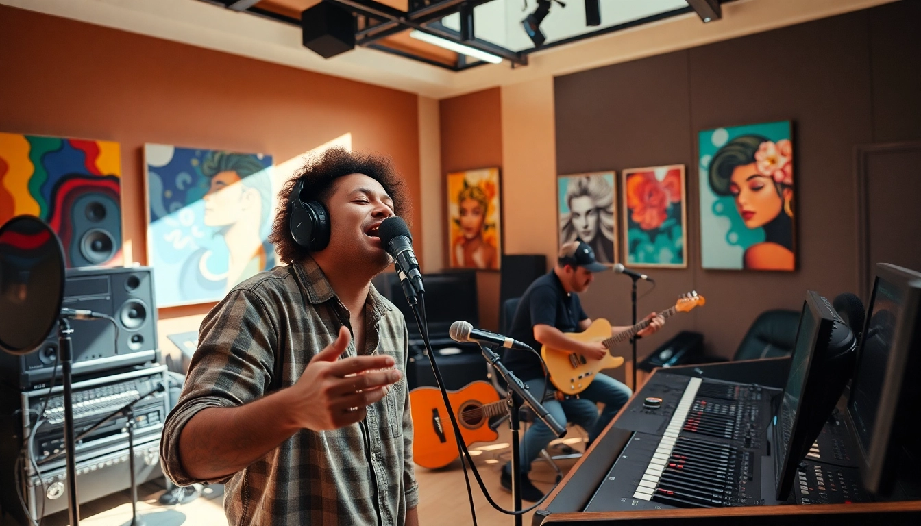 Showcasing the best music pr company through a vibrant recording session in a studio.