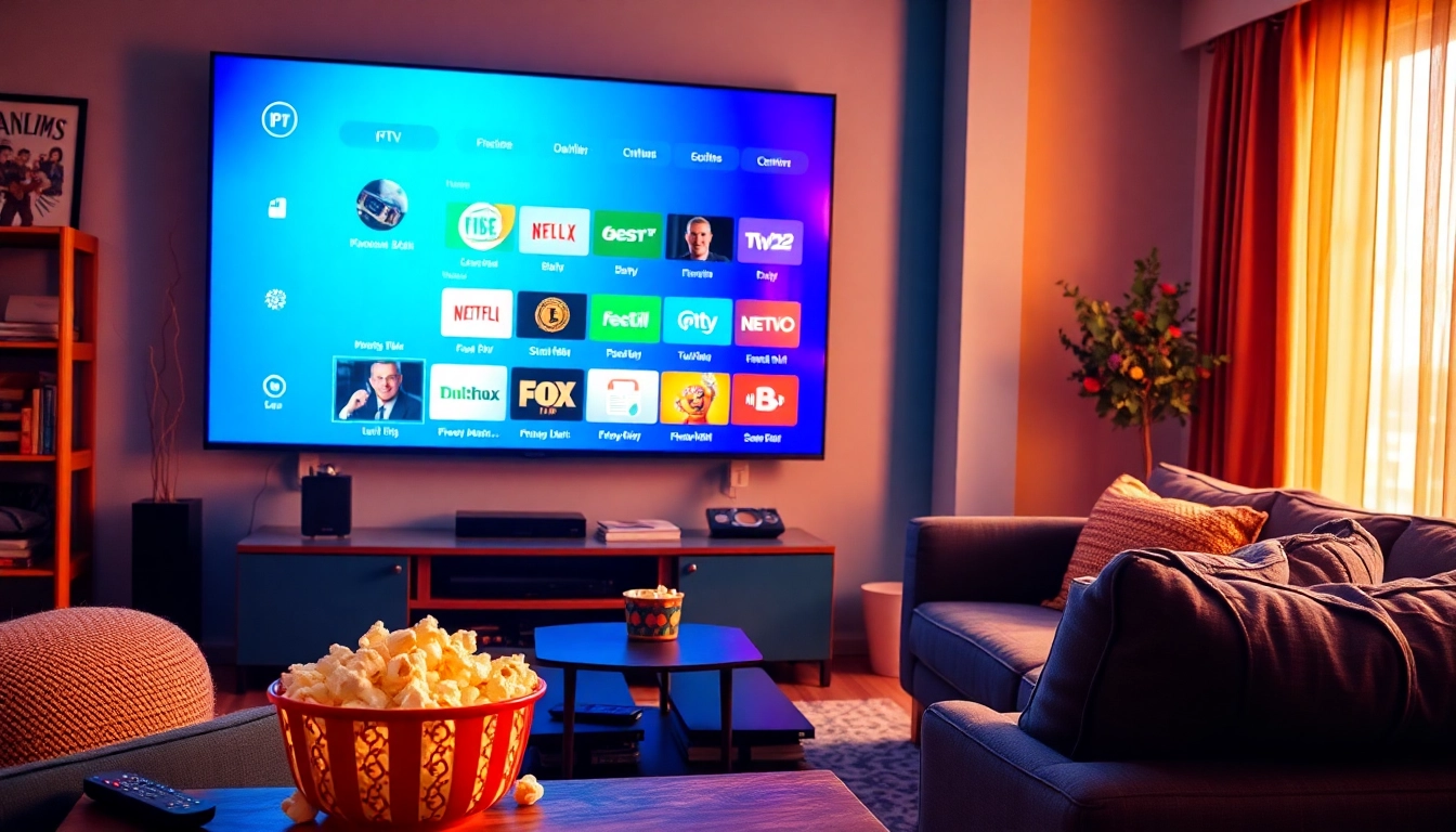 Comprar Listas IPTV en un acogedor salón con una pantalla grande mostrando varias opciones de canales.