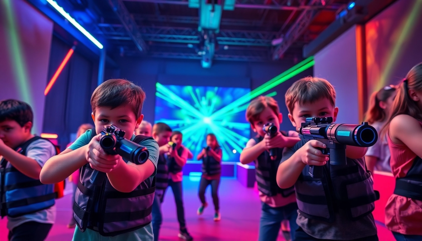Participants enjoying an exciting laser tag game in a vibrant arena with energetic lighting.