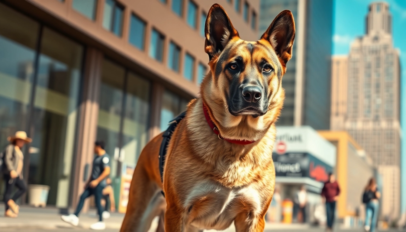Security Dogs standing alert in an urban environment, showcasing its protective nature and strength.