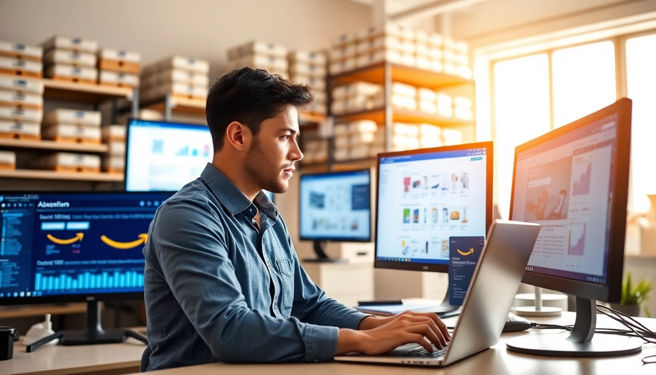 Selling wholesale on amazon with a seller analyzing data in a modern office.