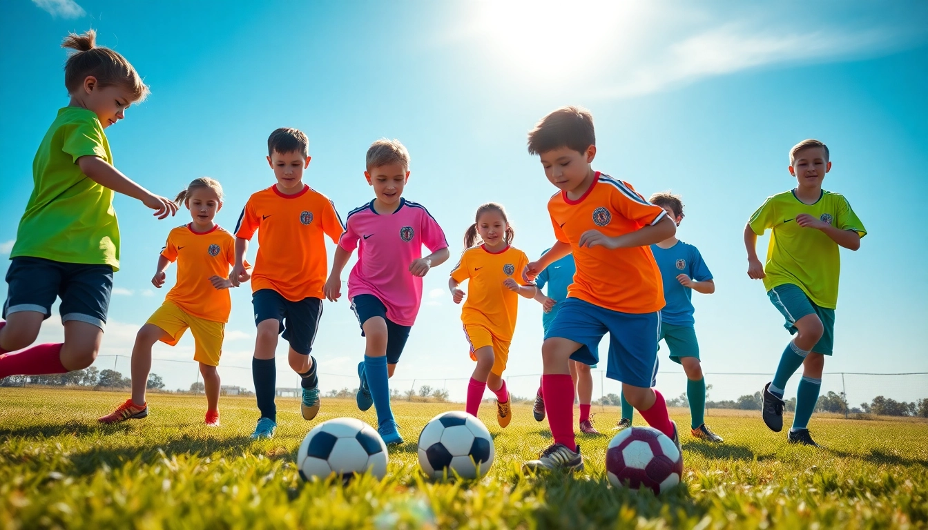 Kids Football Kits in vibrant colors showcased on young athletes practicing soccer.