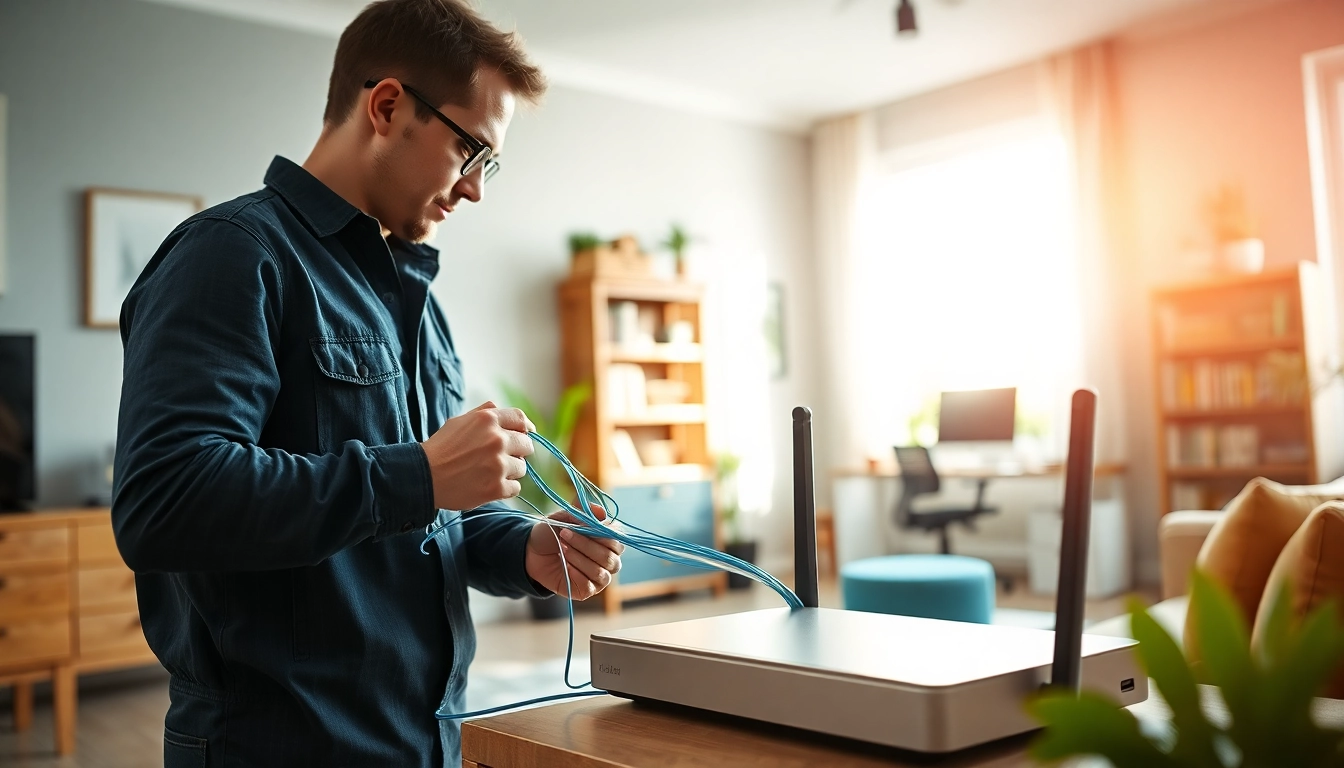 Install fiber optic internet berkeley with a technician connecting cables in a cozy living room.