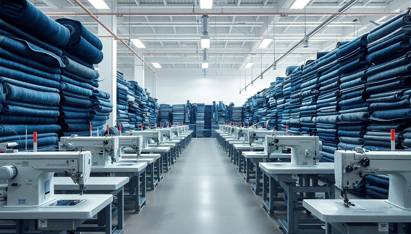 Visual representation of jeans cloth manufacturers showcasing vibrant denim fabrics and sewing machines.