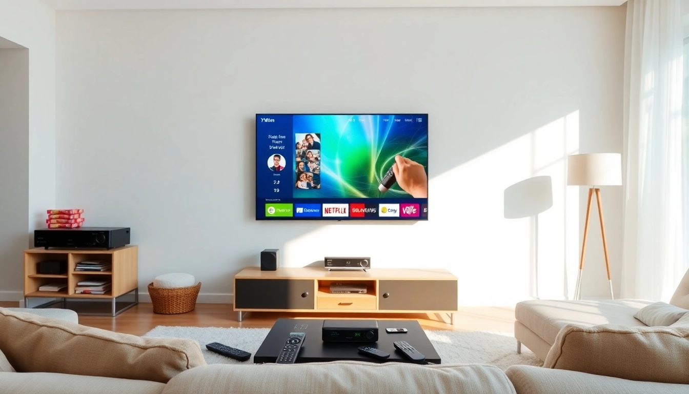 Comprar IPTV en un moderno entorno familiar con TV y controles remotos