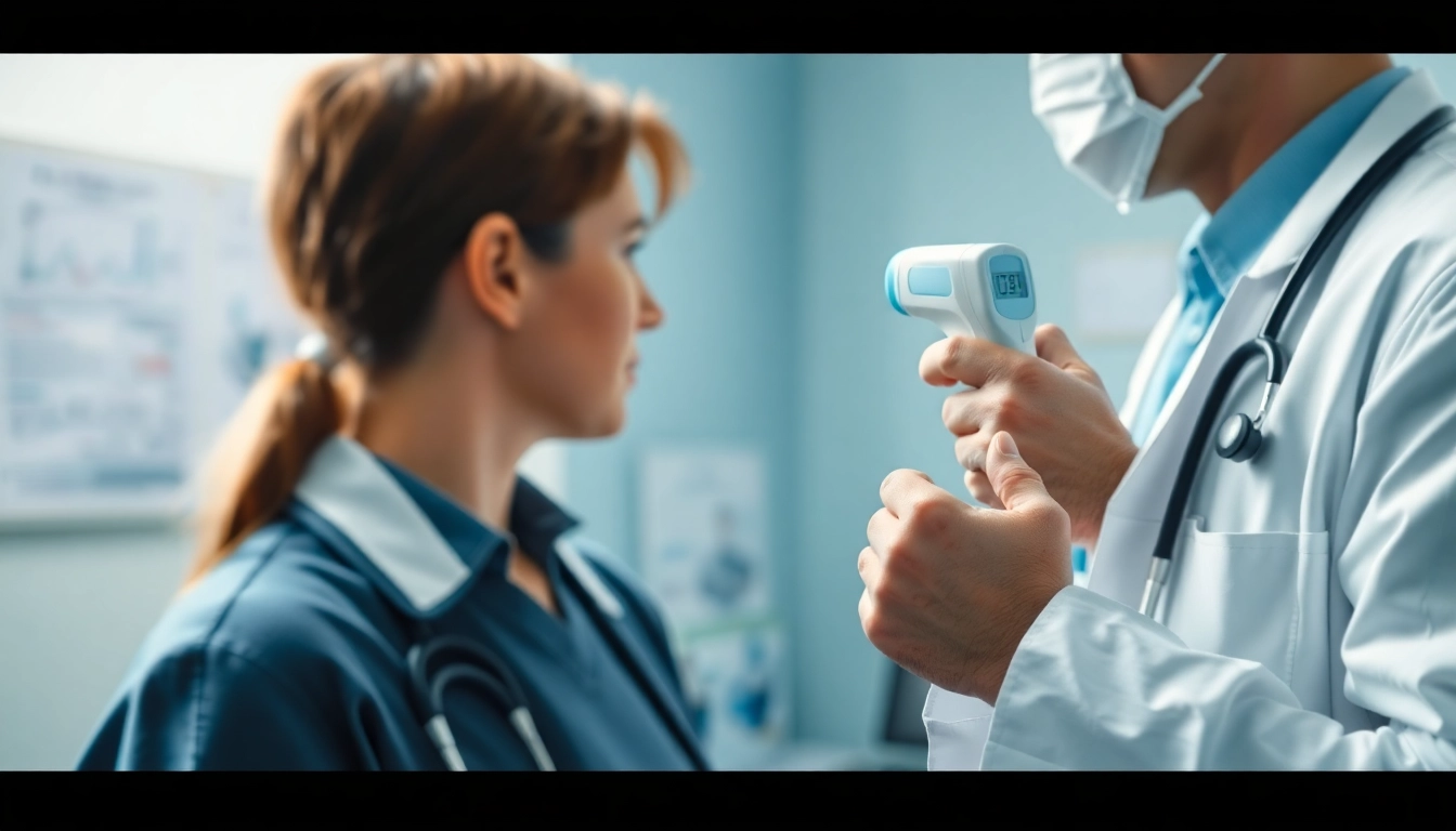 Doctor checking a patient with high temp in a professional medical setting.