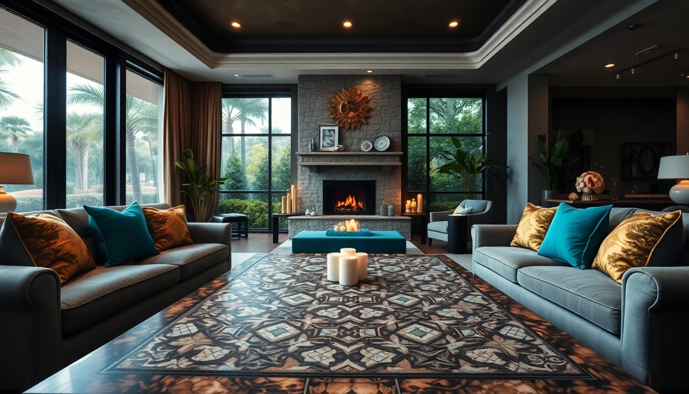 Experience Boca Raton interior design with a luxurious living room showcasing elegant furnishings and ambient lighting.