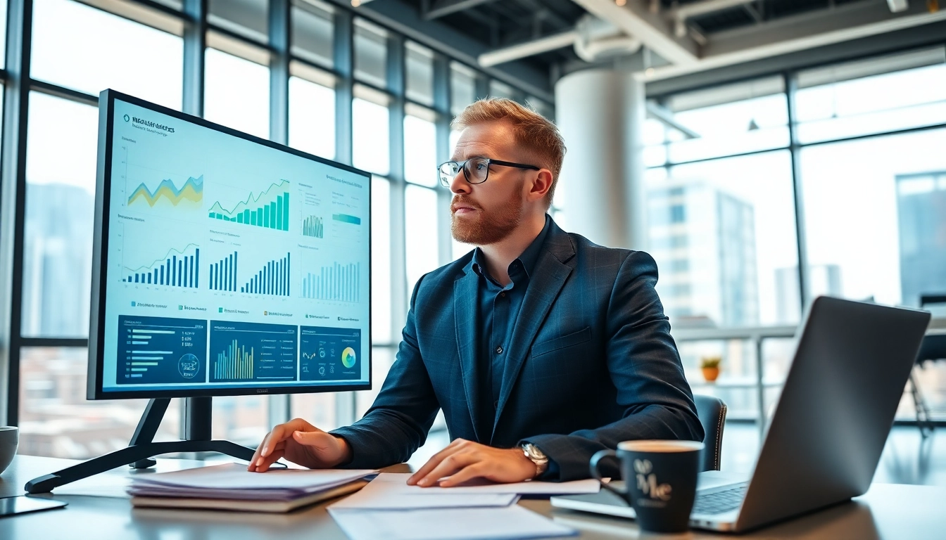Illustration of how to scale business operations with a strategist analyzing growth metrics in a modern office.