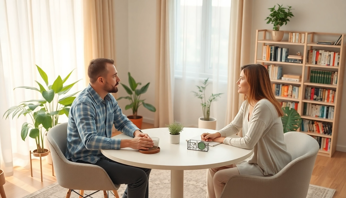 Illustration of a therapy session discussing anxiety with a calming setting and warm lighting.