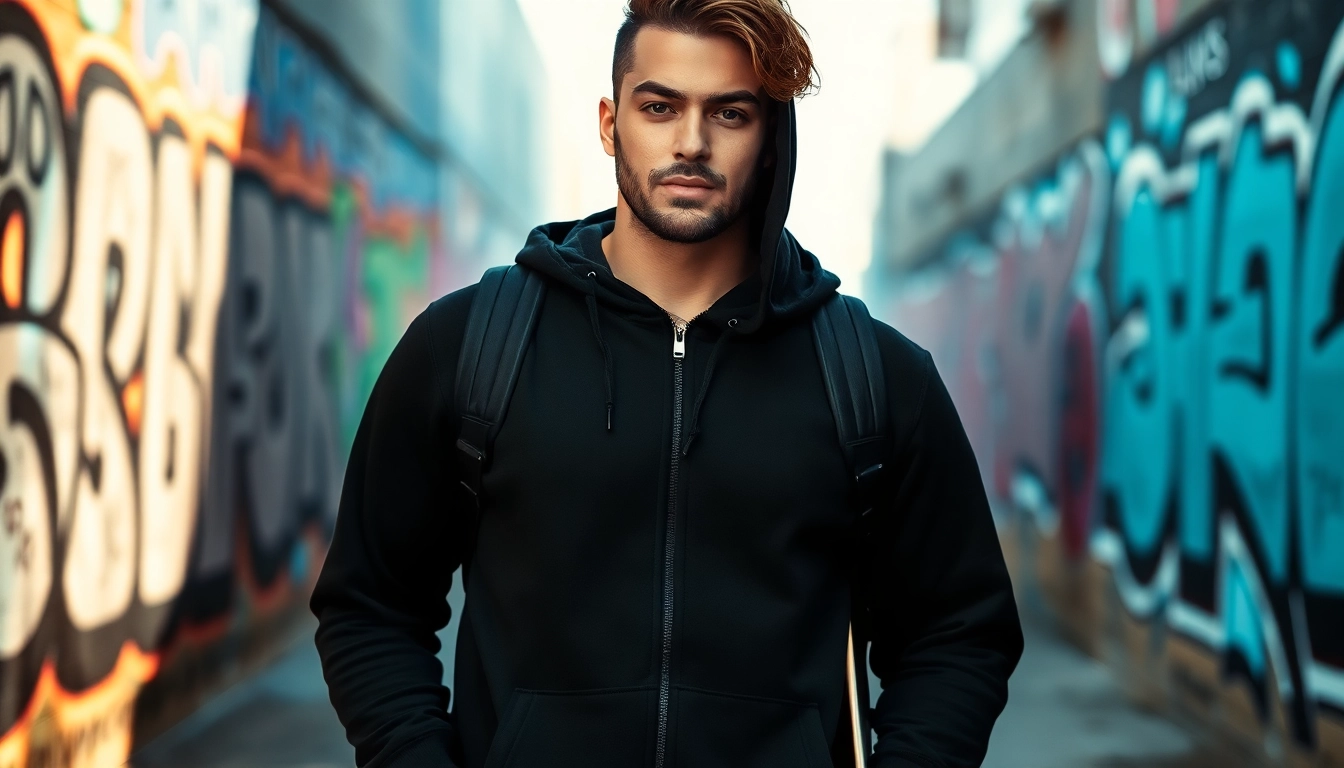 Model showcasing a black zip up hoodie in a vibrant urban setting with stylish graffiti.
