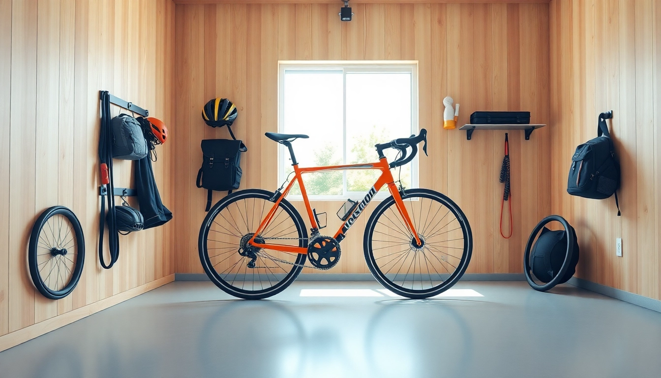 Showcasing a Bike wall rack elegantly holding a bicycle in a modern garage setting with organized accessories.