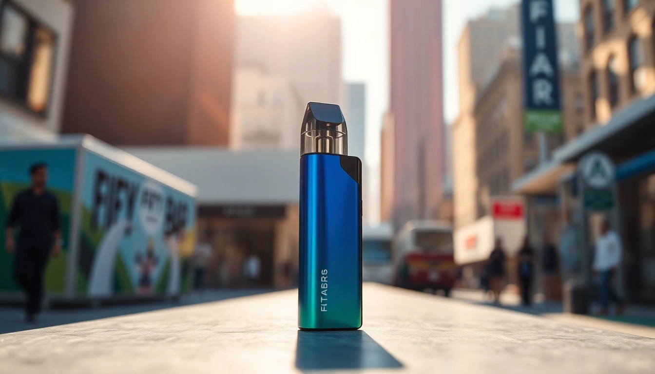 Showcasing the FIFTY BAR 20K disposable vape with a vibrant urban backdrop, highlighting its features and flavors.