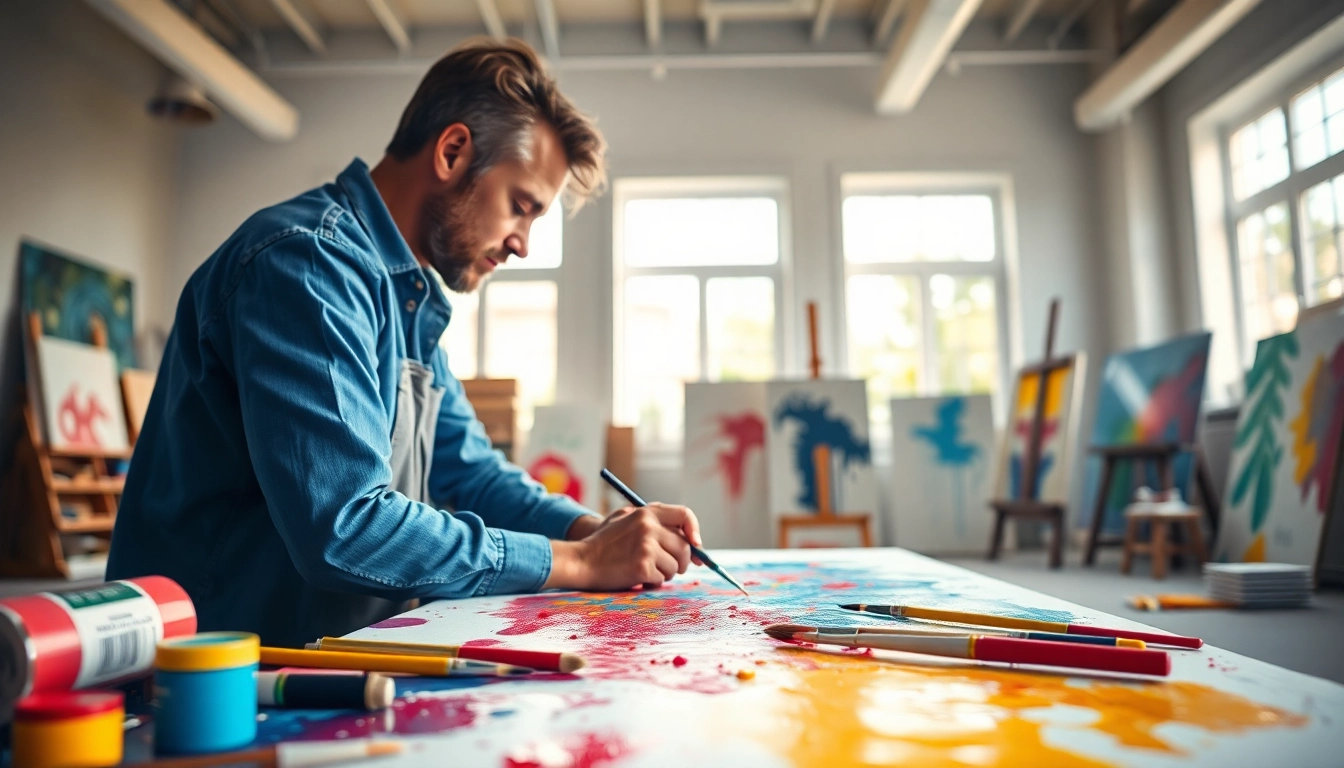 Schilder die een canvas afwerkt met levendige kleuren en paintbrushen in de studio.
