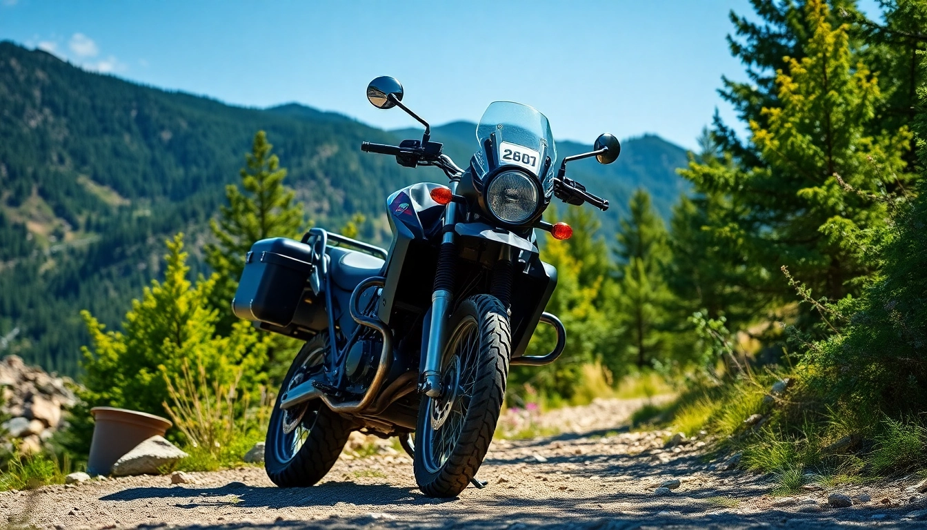Rugged motorcycle with rackless motorcycle panniers parked on a mountain trail.