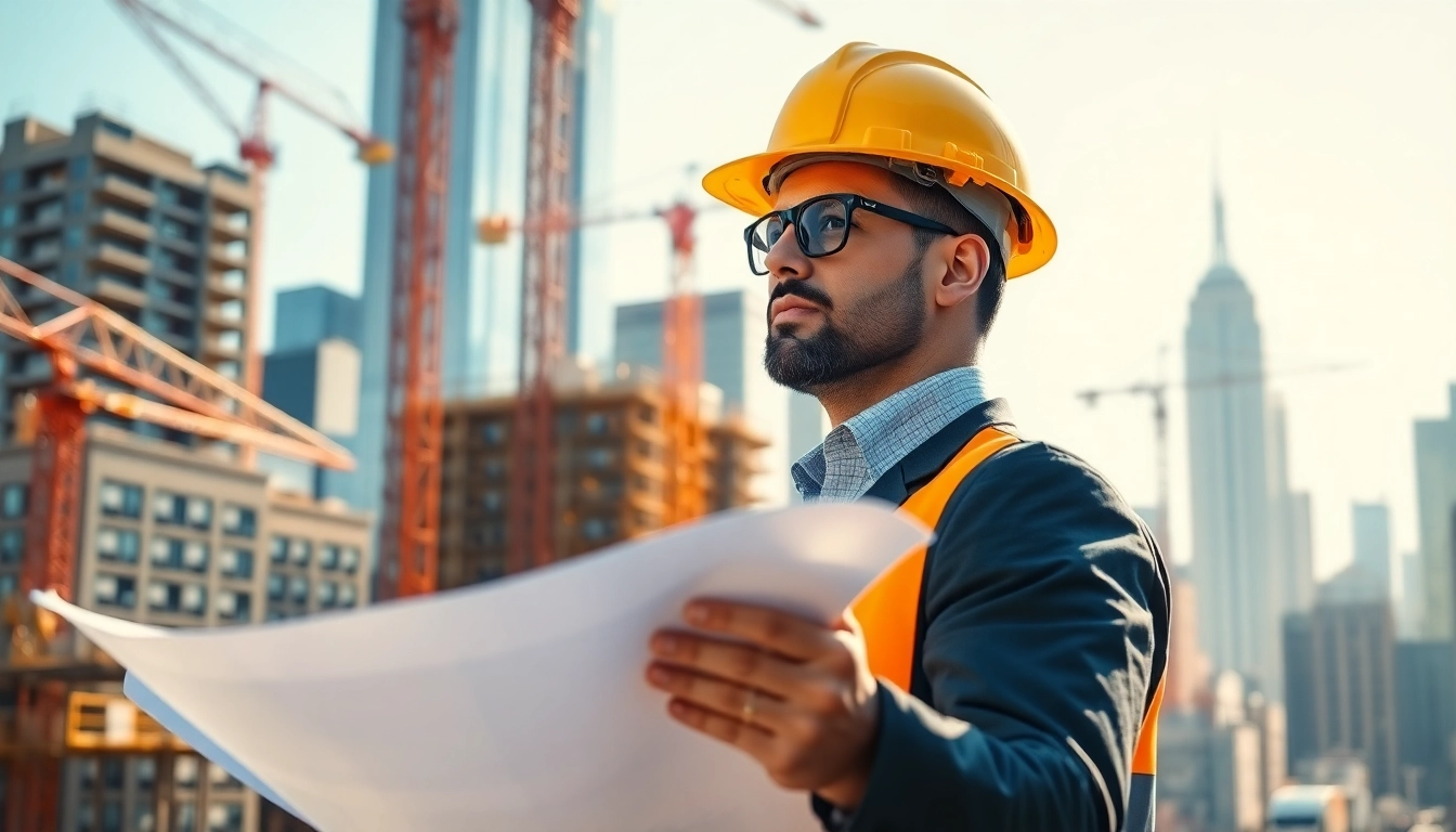 New York Construction Manager effectively overseeing an urban construction project with cranes and blueprints.
