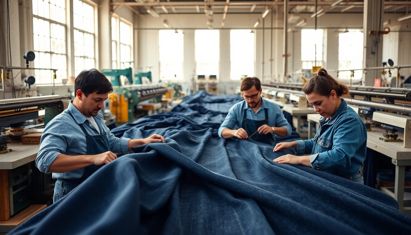 Showcasing skilled jeans cloth manufacturers inspecting denim fabric in a workshop