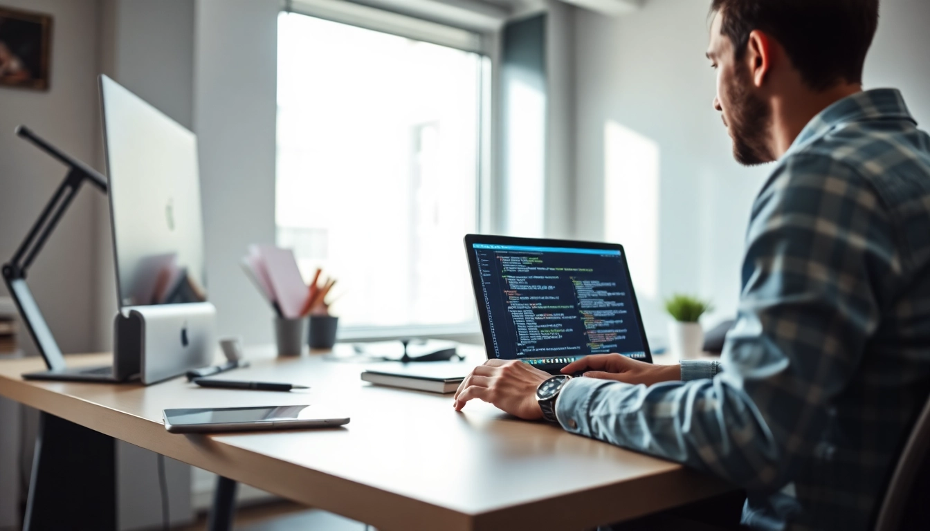 Hire a wordpress developer near me in a modern workspace showcasing coding skills.