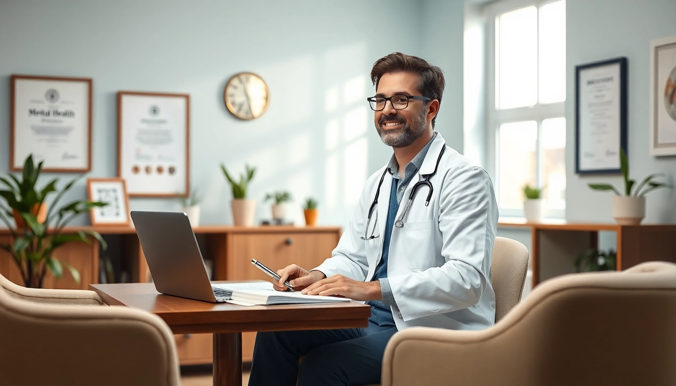 Psychiatrist consulting in a tranquil office setting, fostering a welcoming atmosphere.