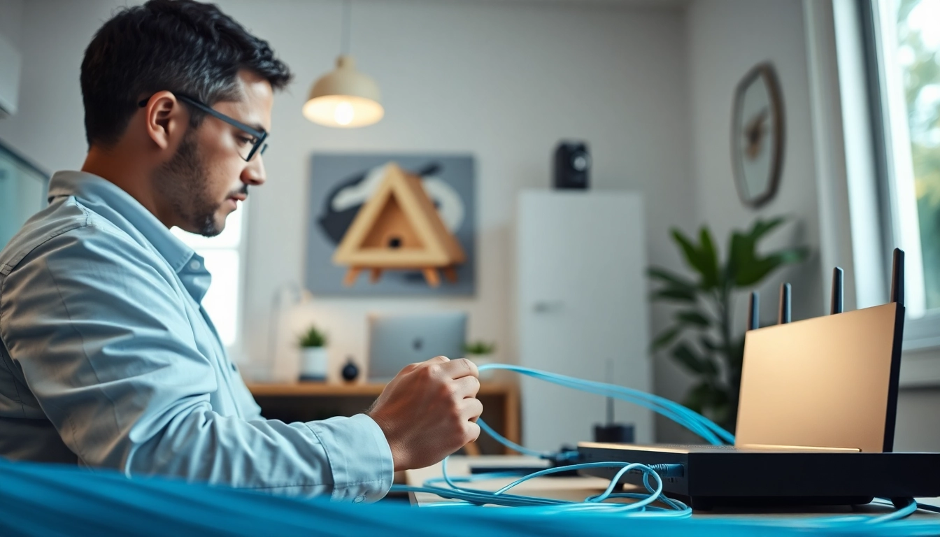 Technician installing Sonic Fiber internet service in a modern home office.