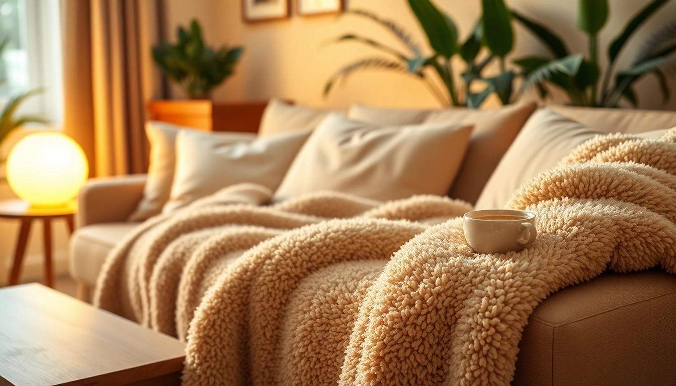 Geniet van fleece deken op bank in een gezellige woonkamer met warme verlichting.
