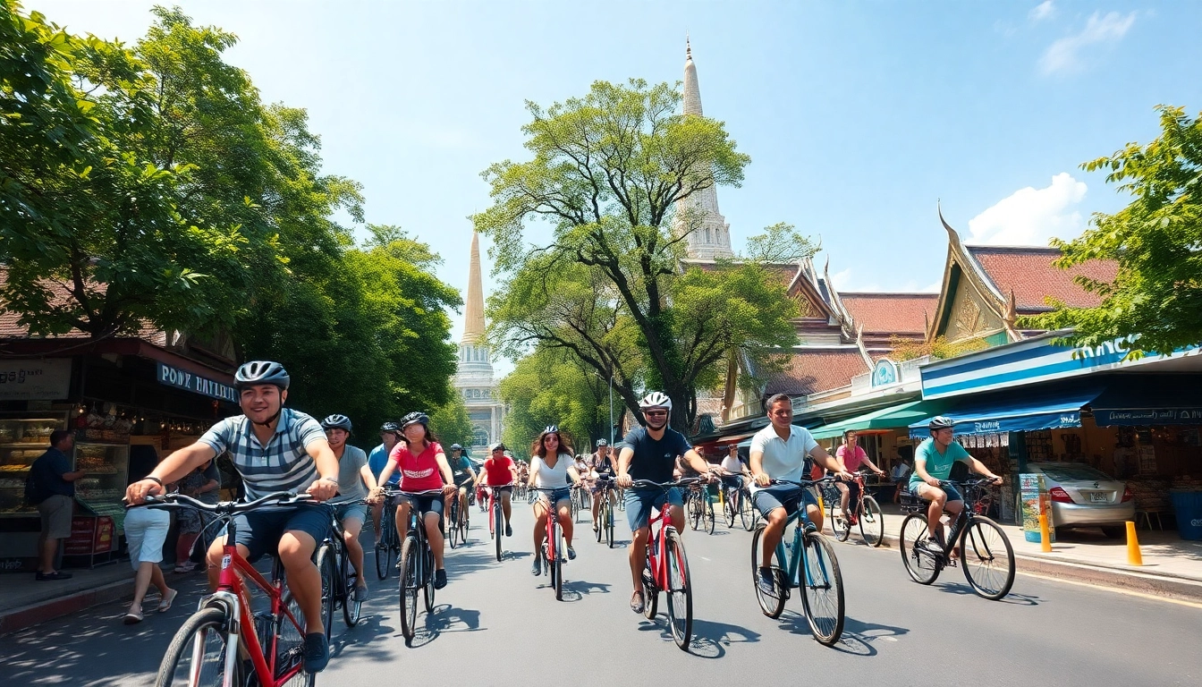 Enjoy cycling with bike hire bangkok in a vibrant street scene showcasing tourists and markets