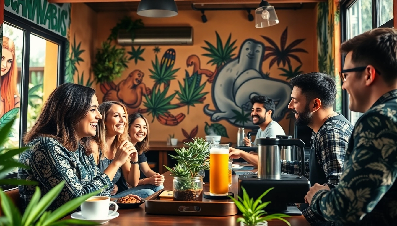 Join the vibrant cannabis culture at https://cannabisbcn.com with friends in a lively coffee shop setting.