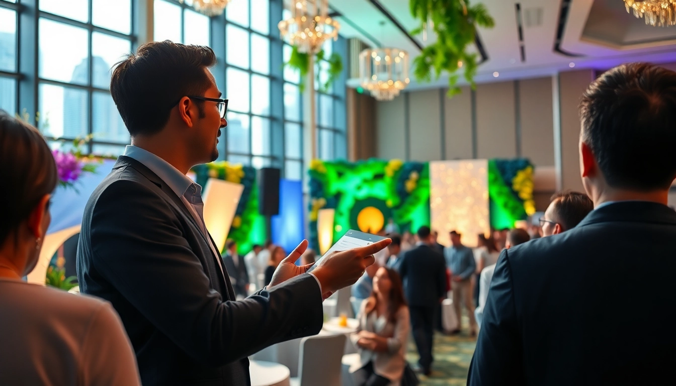 Event management companies in Singapore orchestrating a lively corporate event with modern decor.