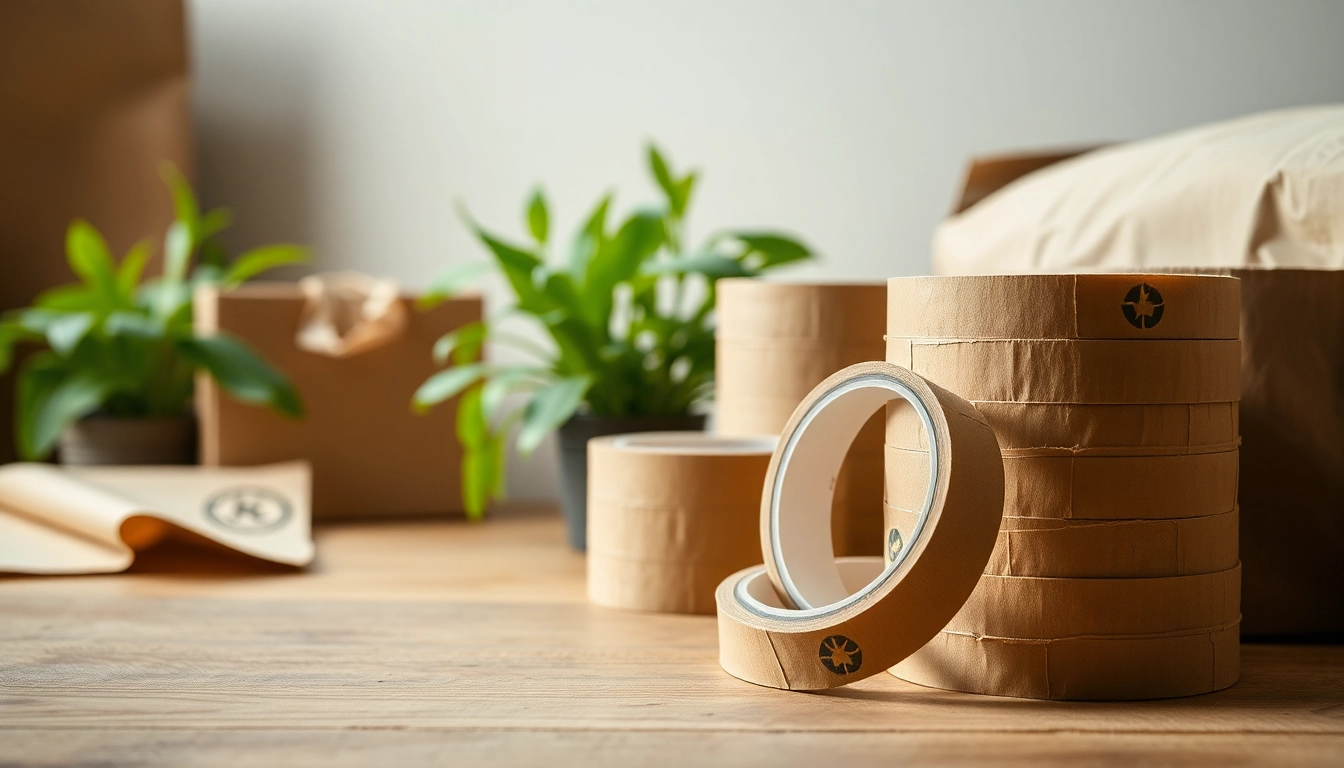 Showcasing recyclable tape rolls highlighting their eco-friendly packaging features.