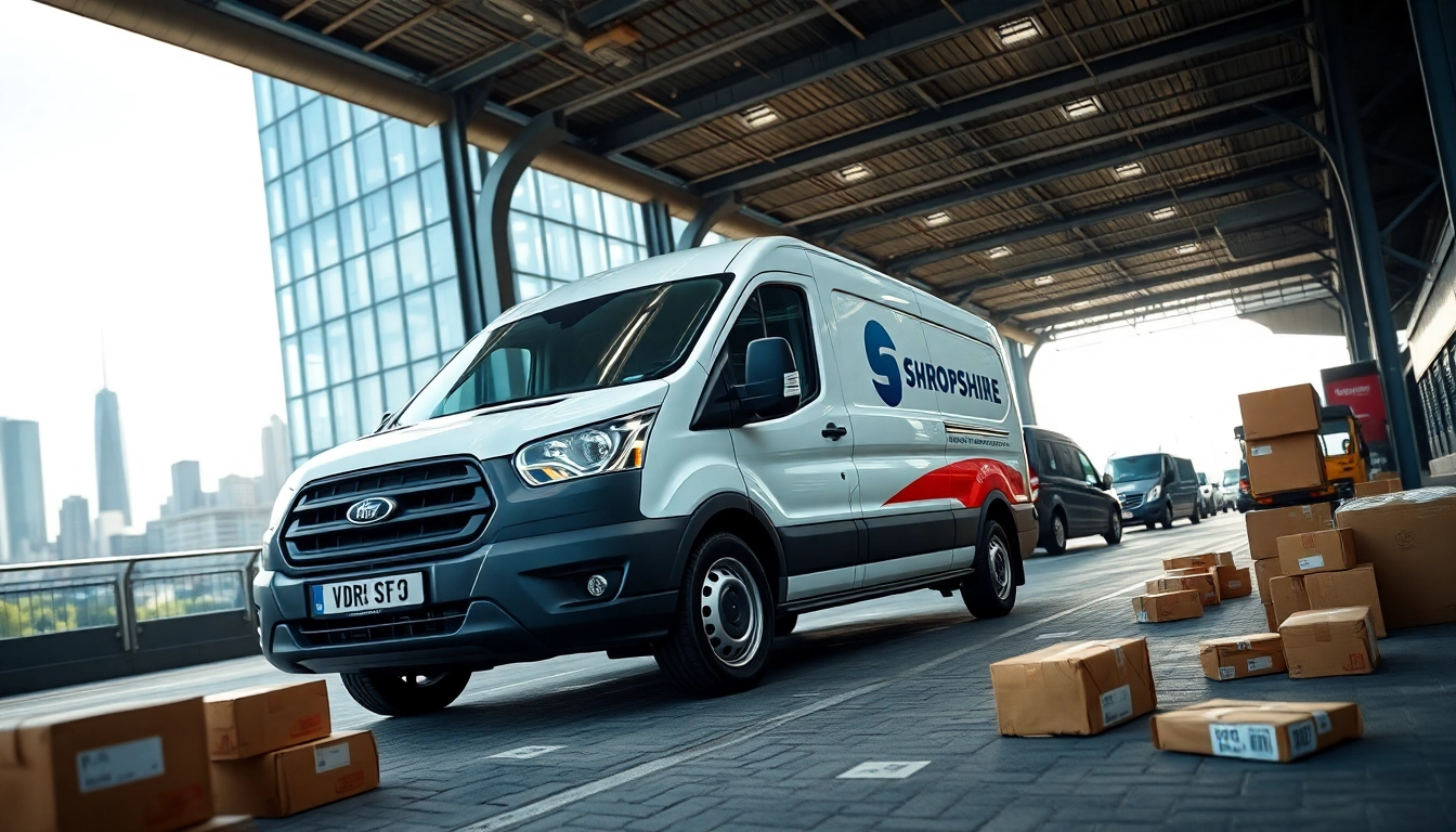 Shropshire courier vehicle delivering packages in an urban setting, symbolizing efficiency and reliability.