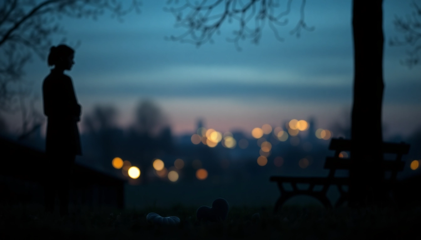 Reflecting on a relationship breakup with emotional silhouettes in a twilight park.