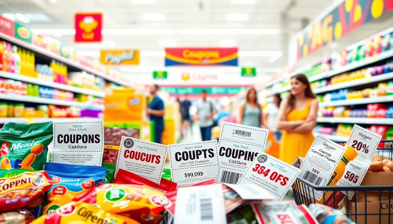 Coupons displayed prominently in a vibrant grocery store setting, encouraging savings and smart shopping.