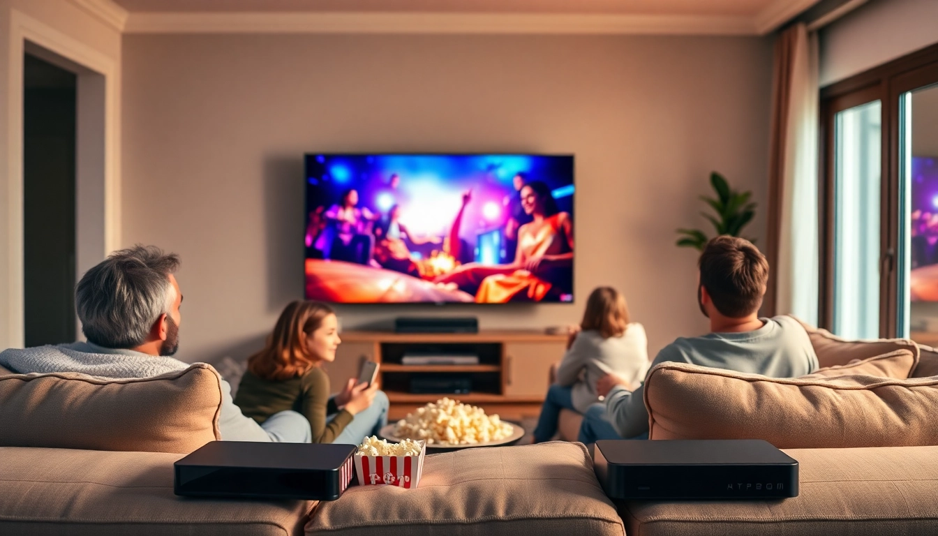 Comprar IPTV en una sala de estar acogedora disfrutando de una noche de cine familiar.