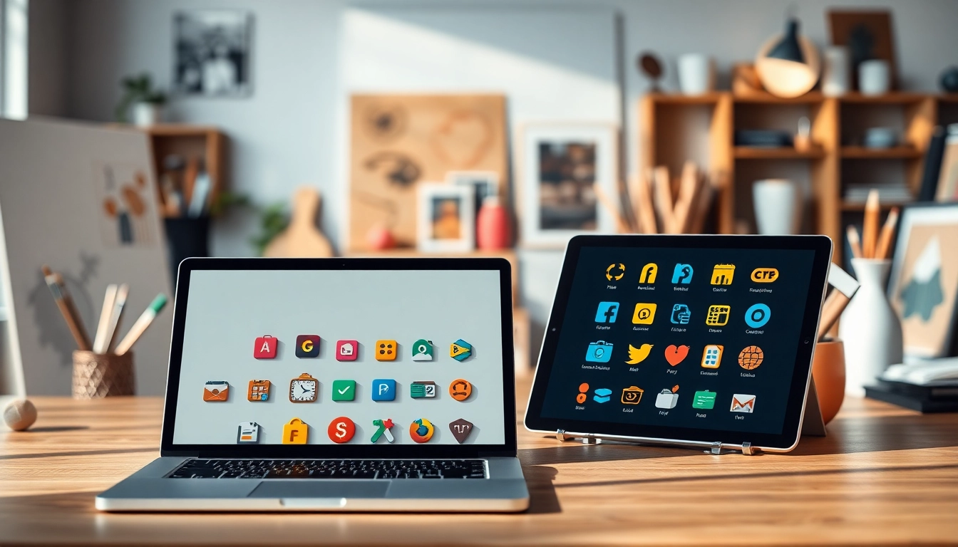 Highlighting diverse Icons in a creative workspace design with vibrant colors.