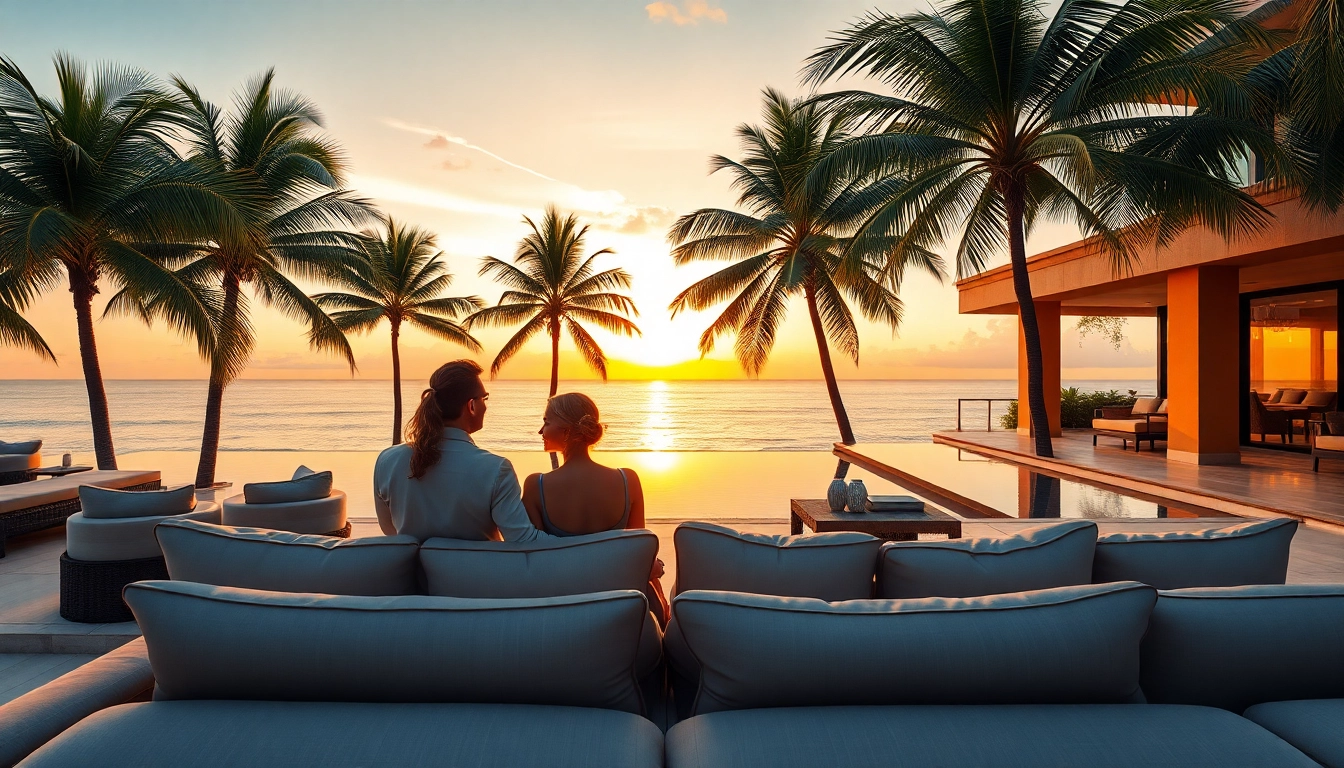 Experience luxury travel with an elegant couple enjoying sunset views from a lavish villa.